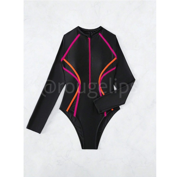Black with Pink and Orange Piping One Piece Swimsuit Zipper Front Long Sleeve - Picture 6 of 13